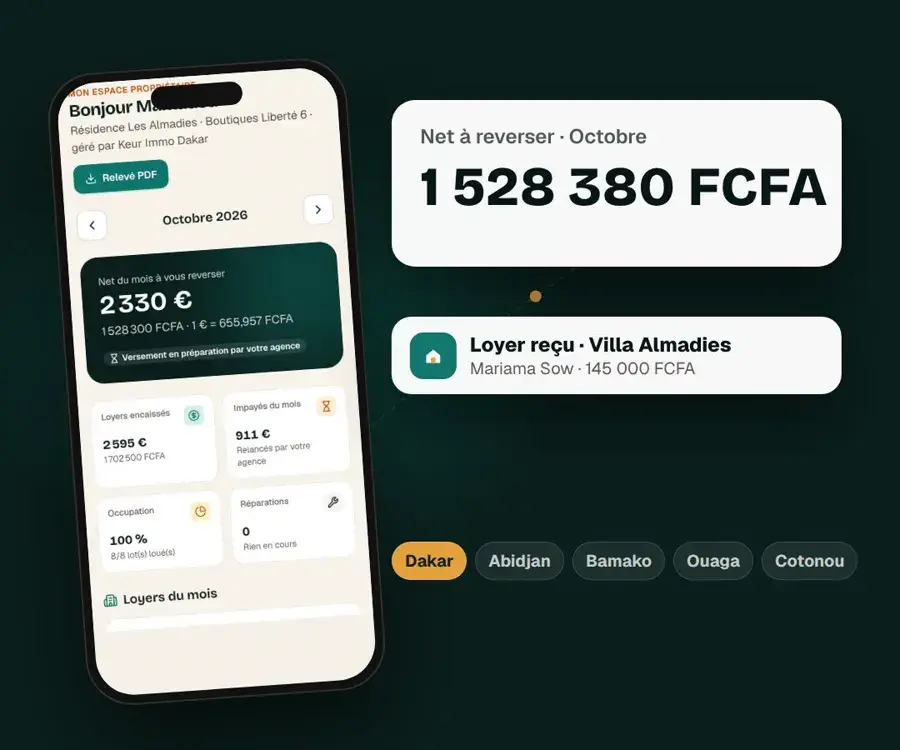 Espace propriétaire sur téléphone : net à reverser en FCFA et en euros